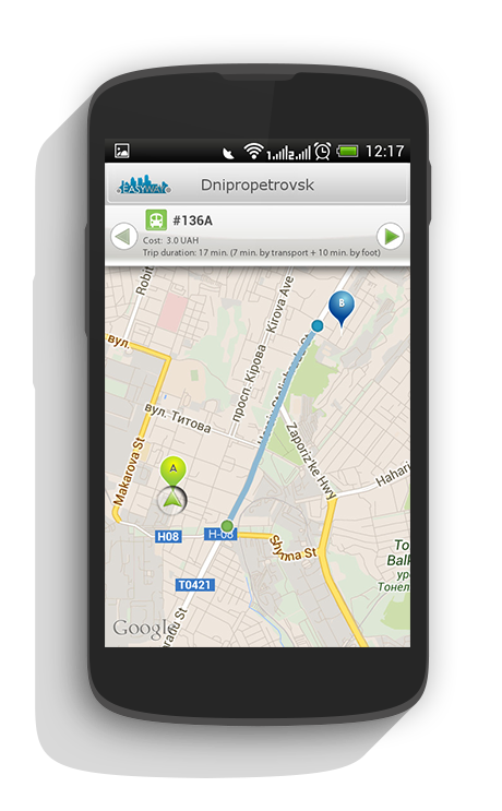 Example of Android mobile application development - route details screen image